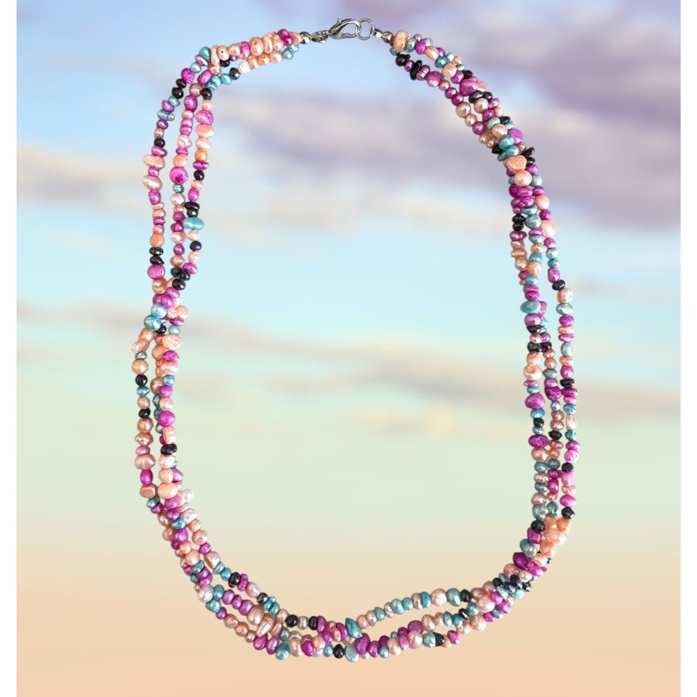Natural Bright Fresh Water Pearl Three Strand Necklace #7097 - Picture 6 of 6